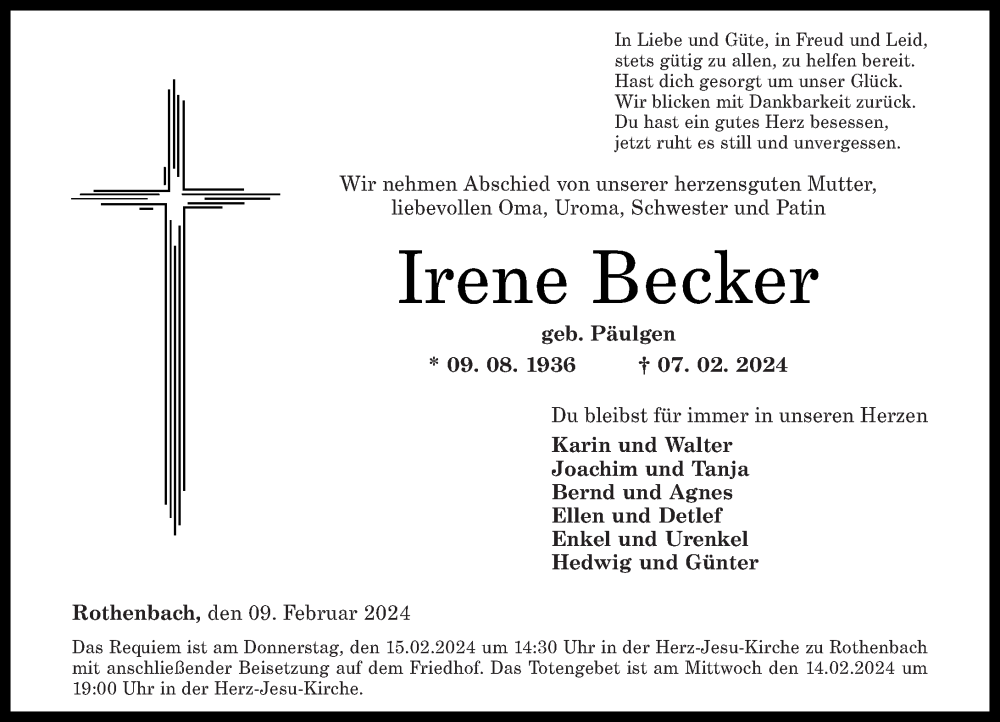  Traueranzeige für Irene Becker vom 10.02.2024 aus Westerwälder Zeitung