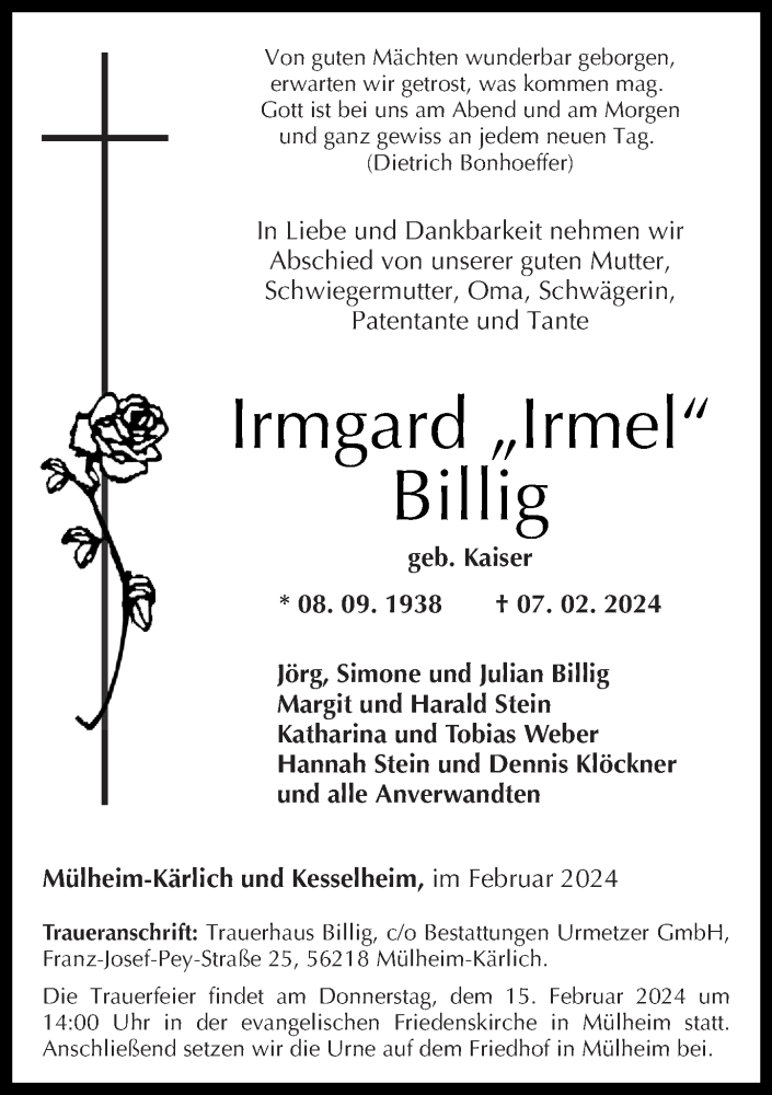  Traueranzeige für Irmgard Billig vom 10.02.2024 aus Rhein-Zeitung