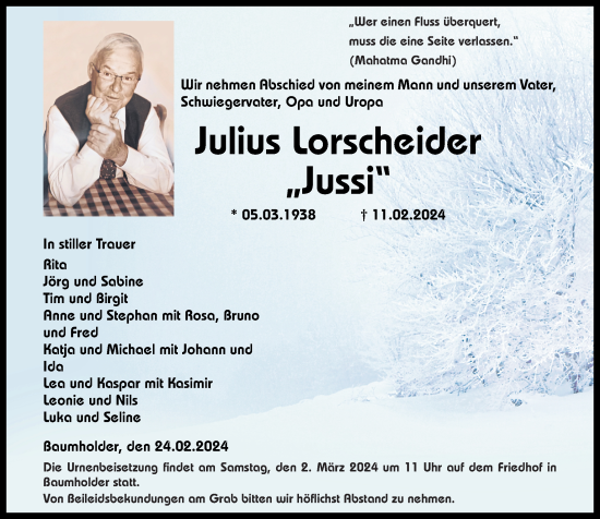 Traueranzeige von Julius Lorscheider von Nahe-Zeitung