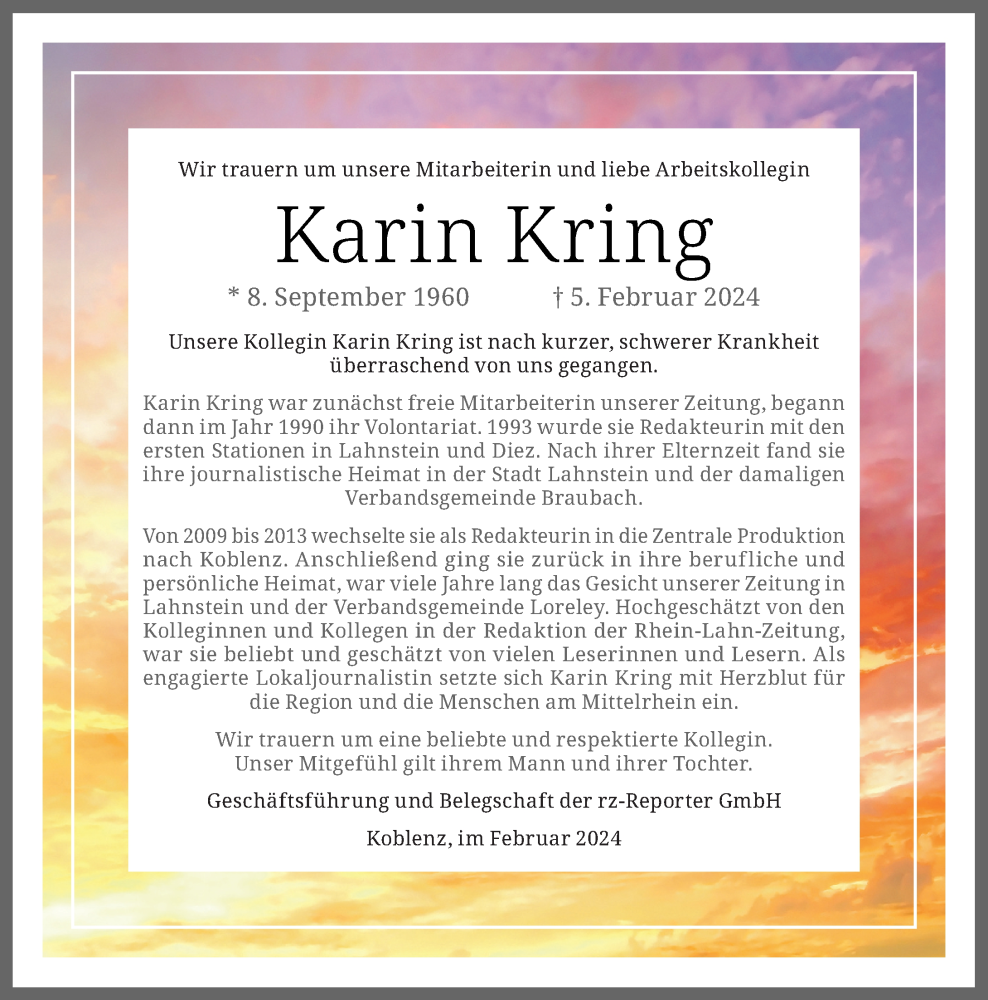  Traueranzeige für Karin Kring vom 16.02.2024 aus Rhein-Lahn-Zeitung