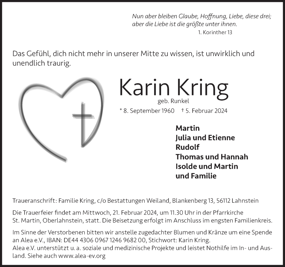  Traueranzeige für Karin Kring vom 15.02.2024 aus Rhein-Lahn-Zeitung