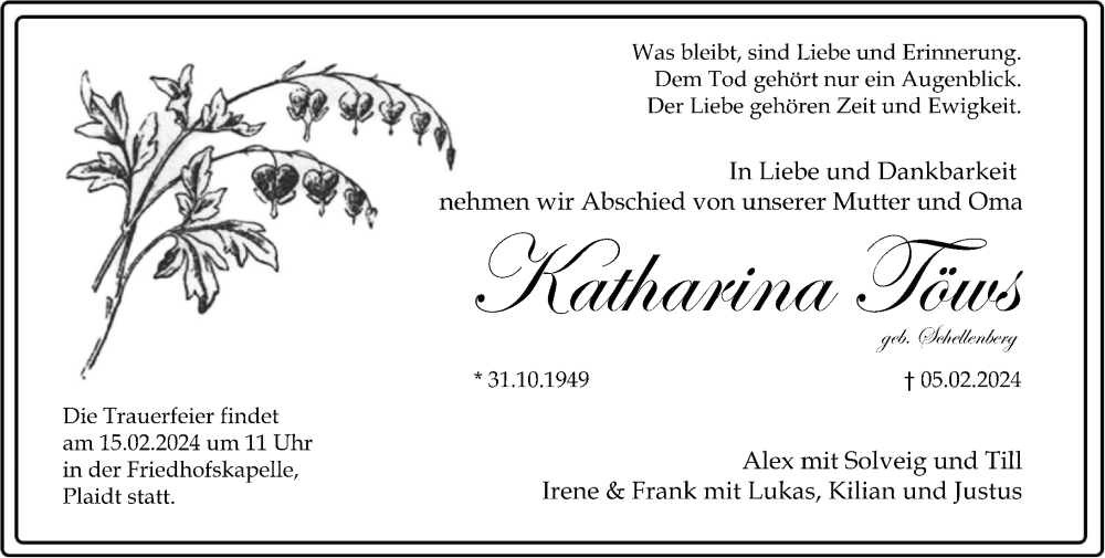  Traueranzeige für Katharina Töws vom 10.02.2024 aus Rhein-Zeitung