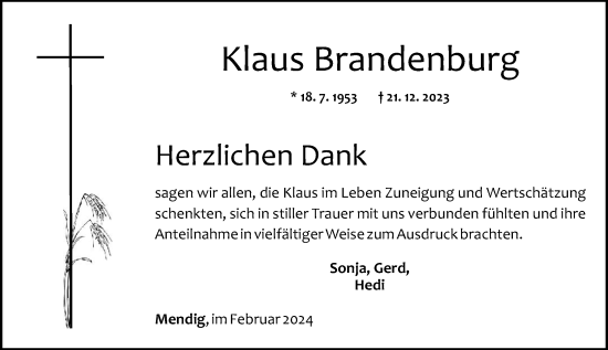 Traueranzeige von Klaus Brandenburg von Rhein-Zeitung