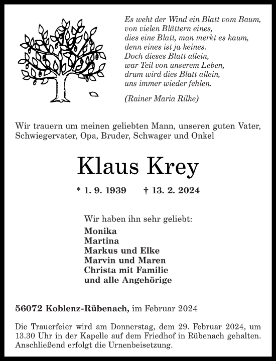 Traueranzeige von Klaus Krey von Rhein-Zeitung