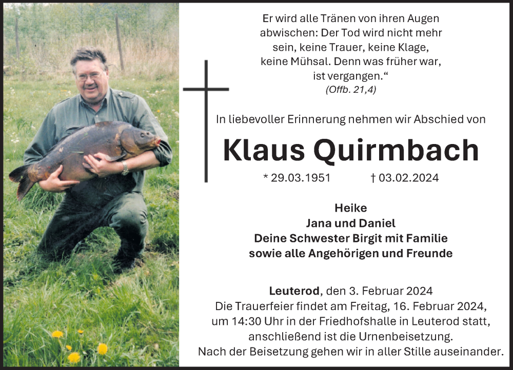 Traueranzeige für Klaus Quirmbach vom 10.02.2024 aus Westerwälder Zeitung