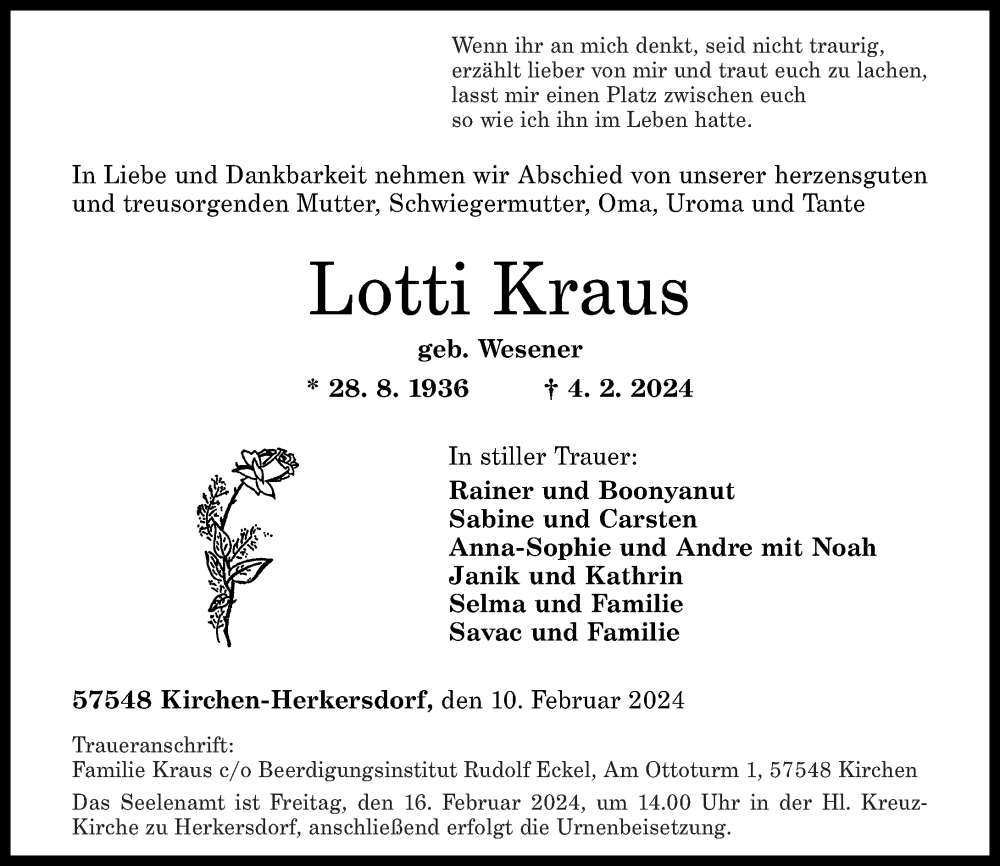  Traueranzeige für Lotti Kraus vom 10.02.2024 aus Rhein-Zeitung