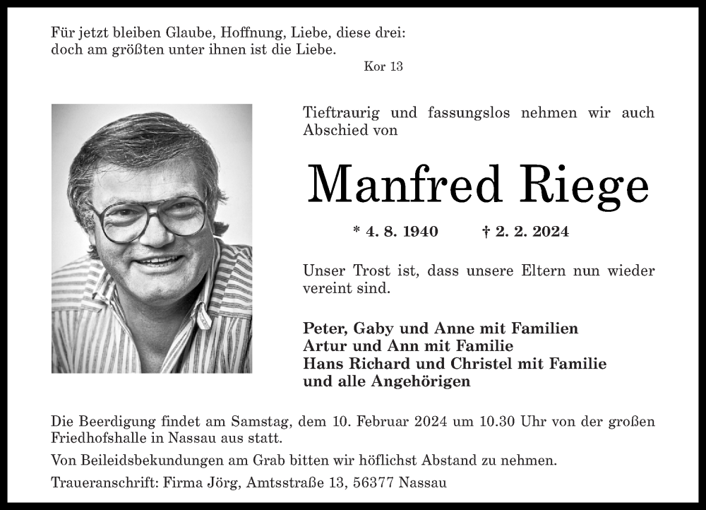  Traueranzeige für Manfred Riege vom 08.02.2024 aus Rhein-Lahn-Zeitung