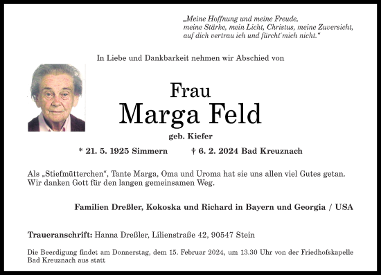 Traueranzeige von Marga Feld von Oeffentlicher Anzeiger