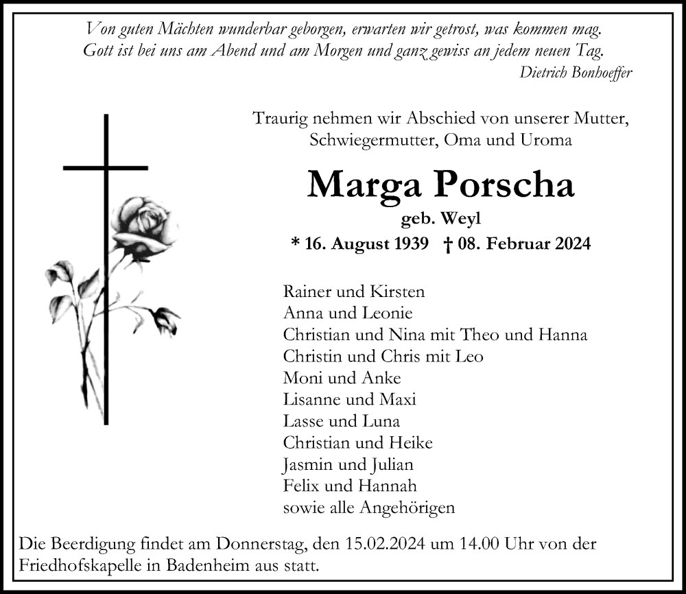  Traueranzeige für Marga Porscha vom 10.02.2024 aus Oeffentlicher Anzeiger