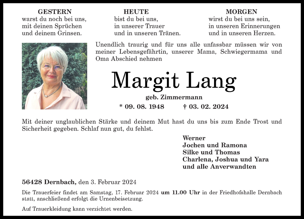  Traueranzeige für Margit Lang vom 10.02.2024 aus Westerwälder Zeitung