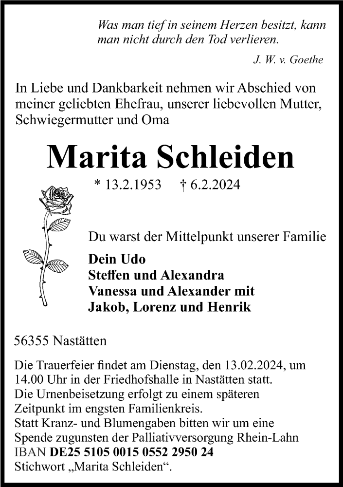  Traueranzeige für Marita Schleiden vom 10.02.2024 aus Rhein-Lahn-Zeitung