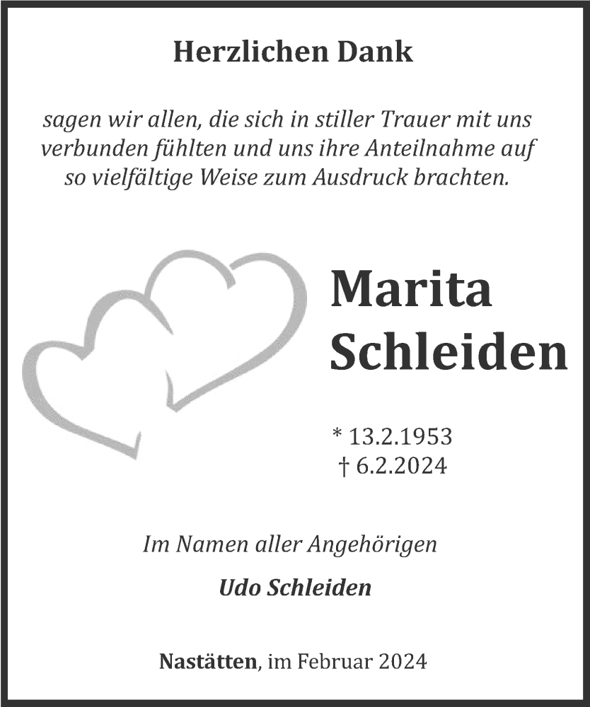  Traueranzeige für Marita Schleiden vom 24.02.2024 aus Rhein-Lahn-Zeitung