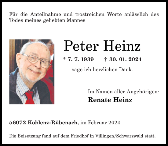 Traueranzeige von Peter Heinz von Rhein-Zeitung