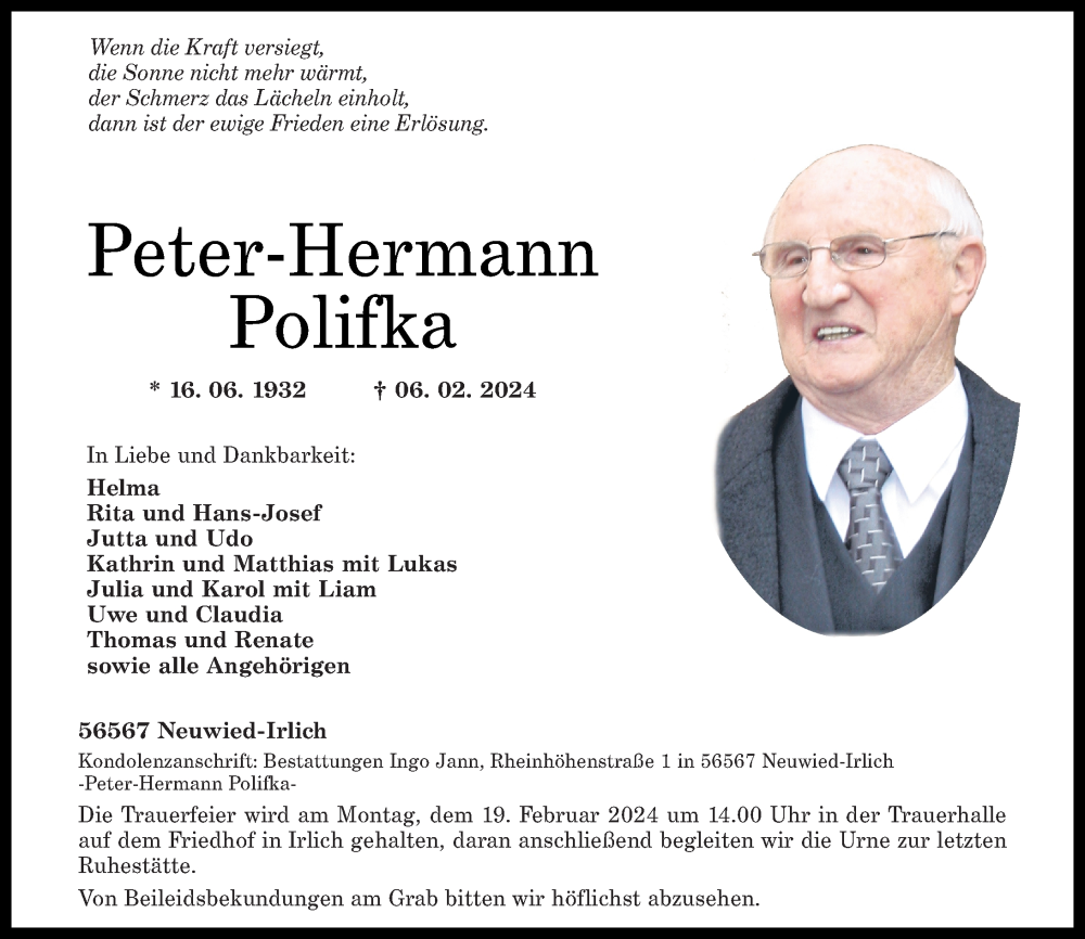  Traueranzeige für Peter-Hermann Polifka vom 10.02.2024 aus Rhein-Zeitung