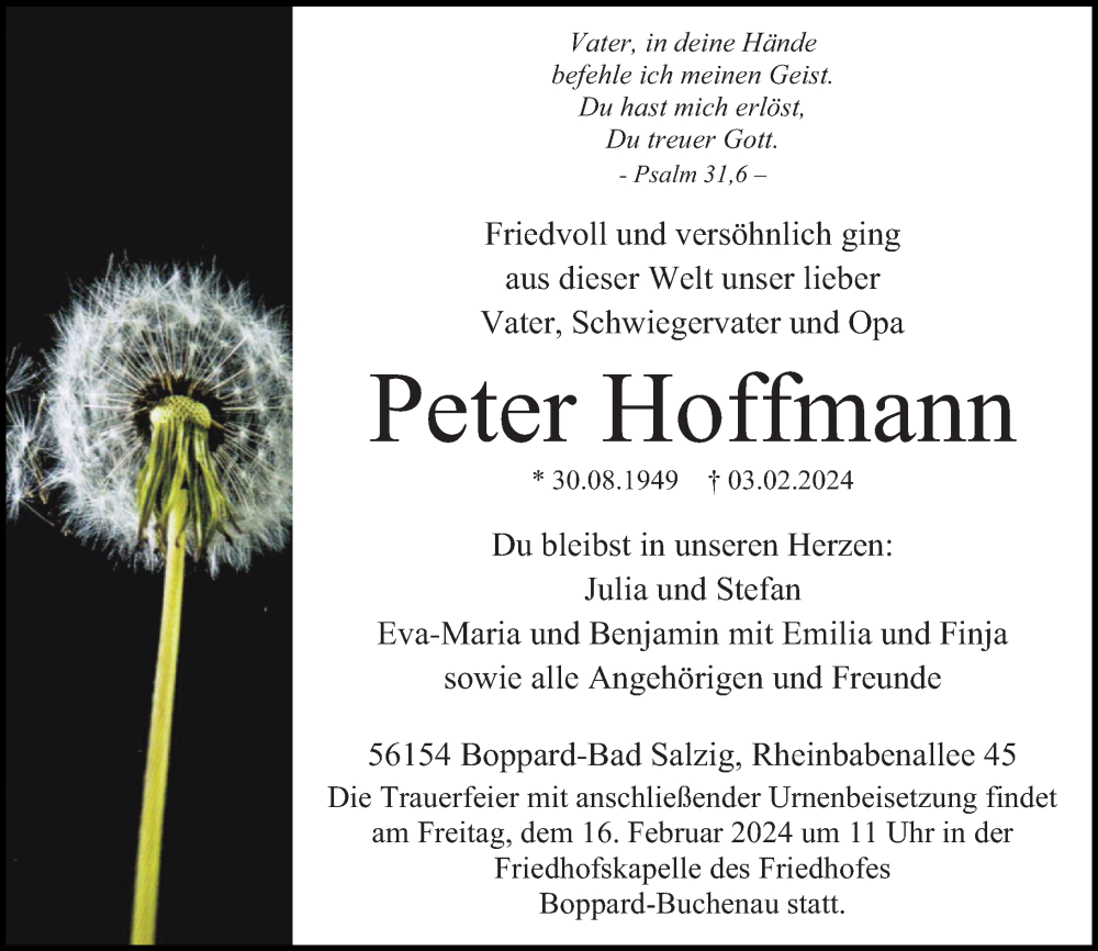  Traueranzeige für Peter Hoffmann vom 10.02.2024 aus Rhein-Hunsrück-Zeitung