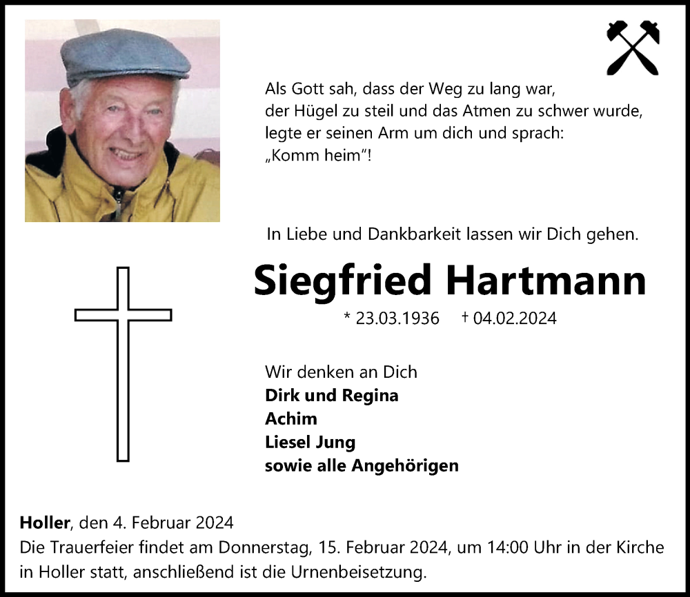  Traueranzeige für Siegfried Hartmann vom 10.02.2024 aus Westerwälder Zeitung