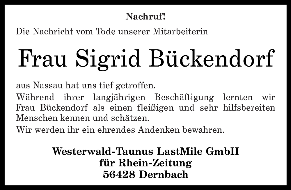  Traueranzeige für Sigrid Bückendorf vom 10.02.2024 aus Rhein-Lahn-Zeitung
