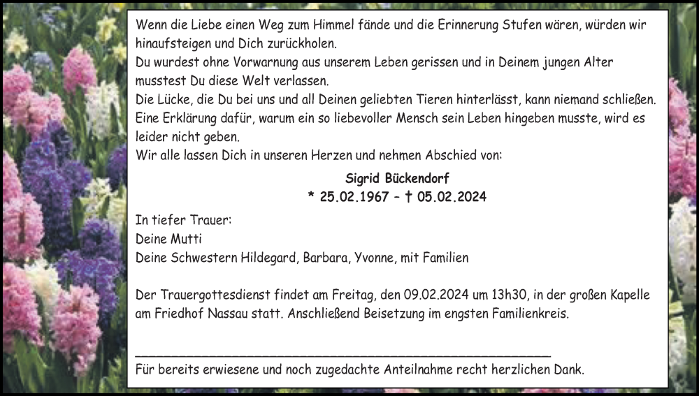  Traueranzeige für Sigrid Bückendorf vom 08.02.2024 aus Rhein-Lahn-Zeitung