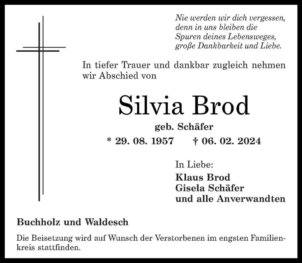  Traueranzeige für Silvia Brod vom 10.02.2024 aus Rhein-Zeitung