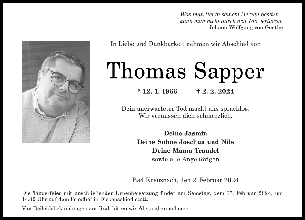  Traueranzeige für Thomas Sapper vom 10.02.2024 aus Oeffentlicher Anzeiger, Rhein-Hunsrück-Zeitung