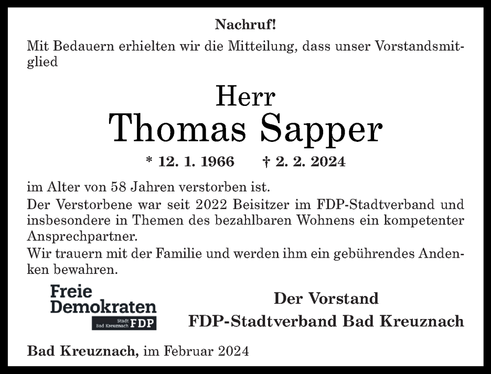  Traueranzeige für Thomas Sapper vom 16.02.2024 aus Oeffentlicher Anzeiger