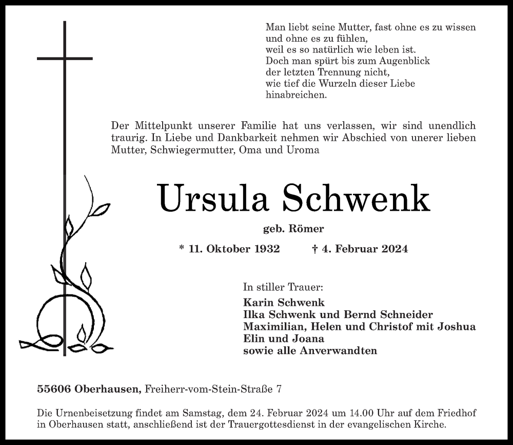  Traueranzeige für Ursula Schwenk vom 10.02.2024 aus Oeffentlicher Anzeiger