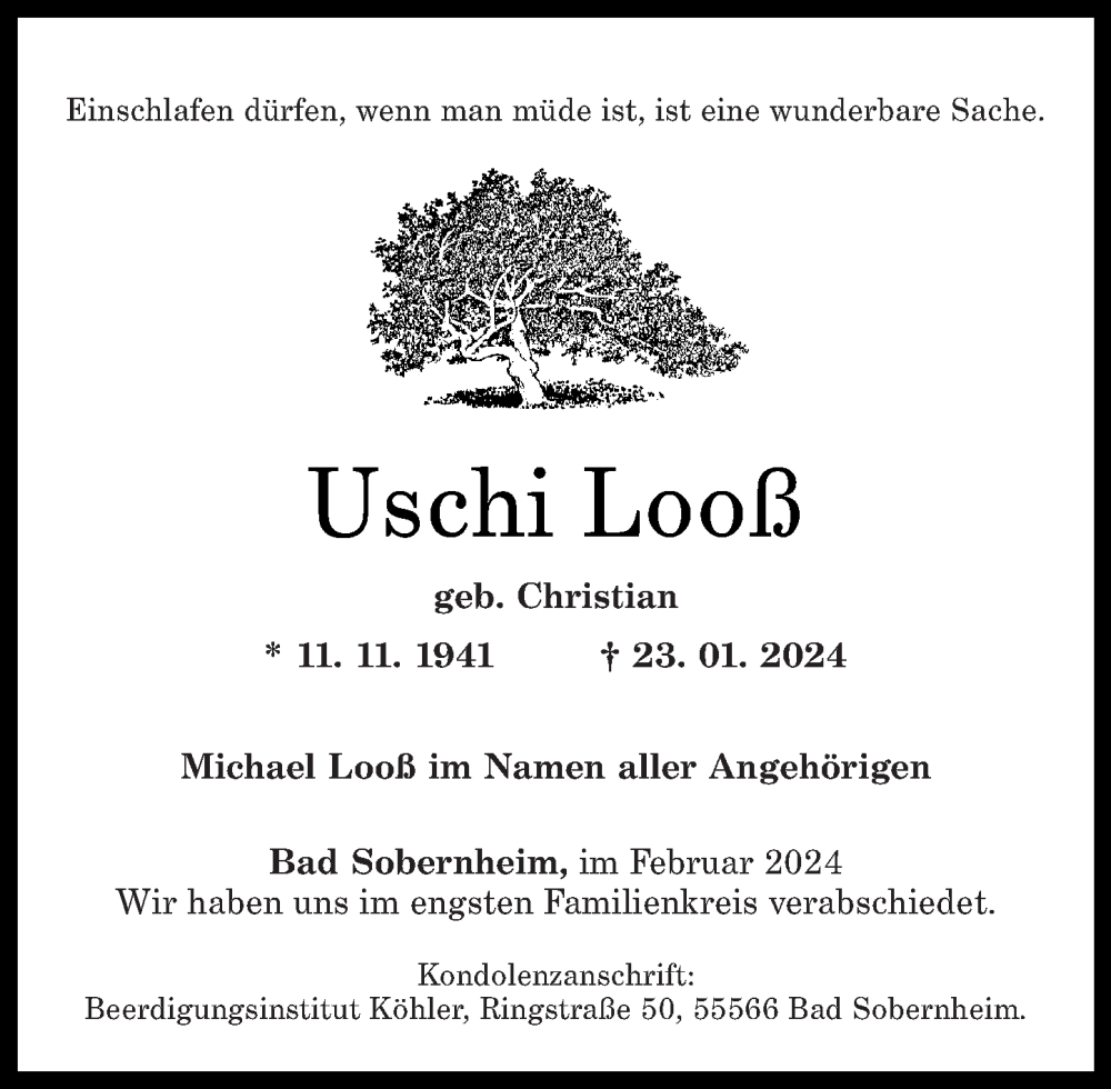  Traueranzeige für Uschi Looß vom 13.02.2024 aus Oeffentlicher Anzeiger
