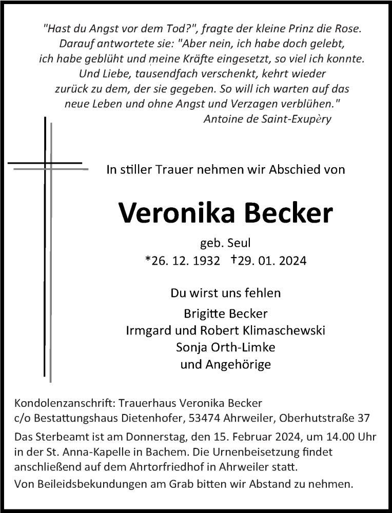  Traueranzeige für Veronika Becker vom 03.02.2024 aus Rhein-Zeitung