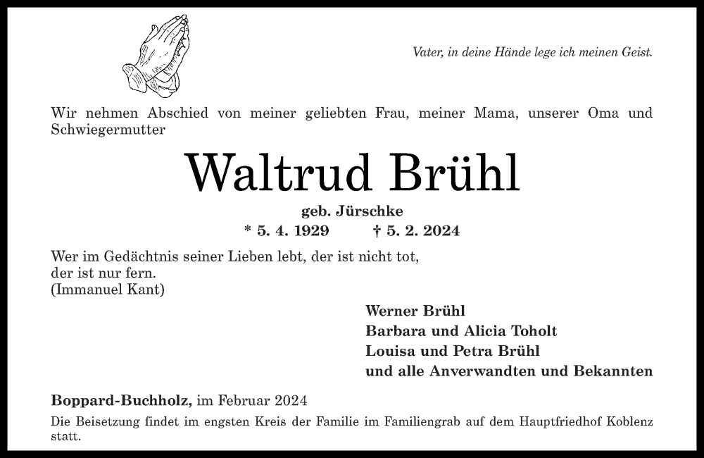  Traueranzeige für Waltrud Brühl vom 10.02.2024 aus Rhein-Zeitung