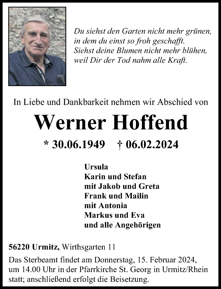  Traueranzeige für Werner Hoffend vom 10.02.2024 aus Rhein-Zeitung