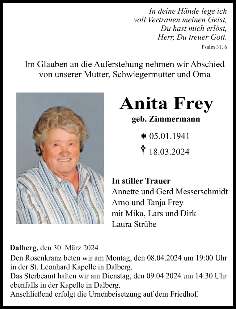 Traueranzeigen von Anita Frey | rz-trauer.de