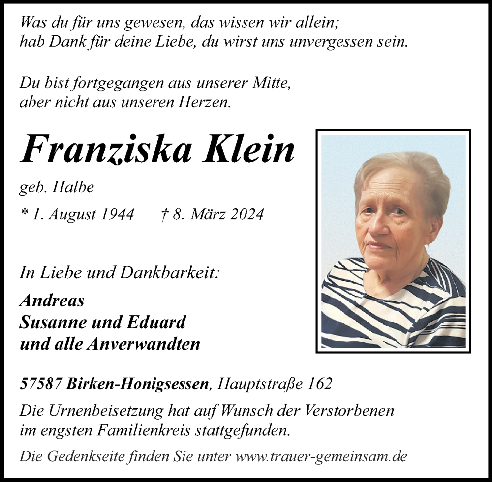 Traueranzeigen von Franziska Klein | rz-trauer.de