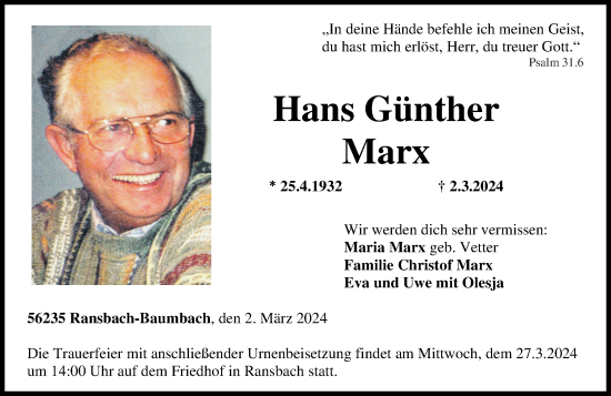 Traueranzeige von Hans Günther Marx von Westerwälder Zeitung