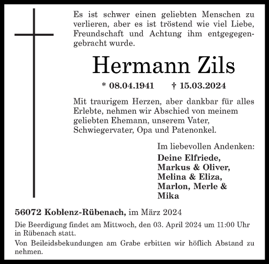 Traueranzeige von Hermann Zils von Rhein-Zeitung