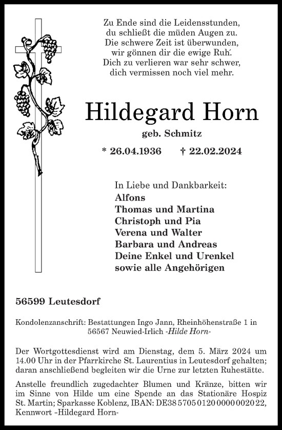 Traueranzeige von Hildegard Horn von Rhein-Zeitung