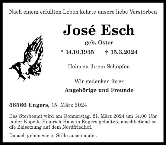 Traueranzeige von Jose Esch von Rhein-Zeitung