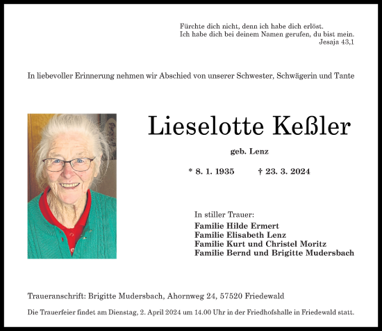Traueranzeige von Lieselotte Keßler von Rhein-Zeitung