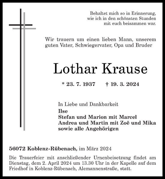 Traueranzeige von Lothar Krause von Rhein-Zeitung