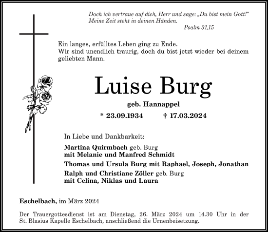 Traueranzeige von Luise Burg von Westerwälder Zeitung