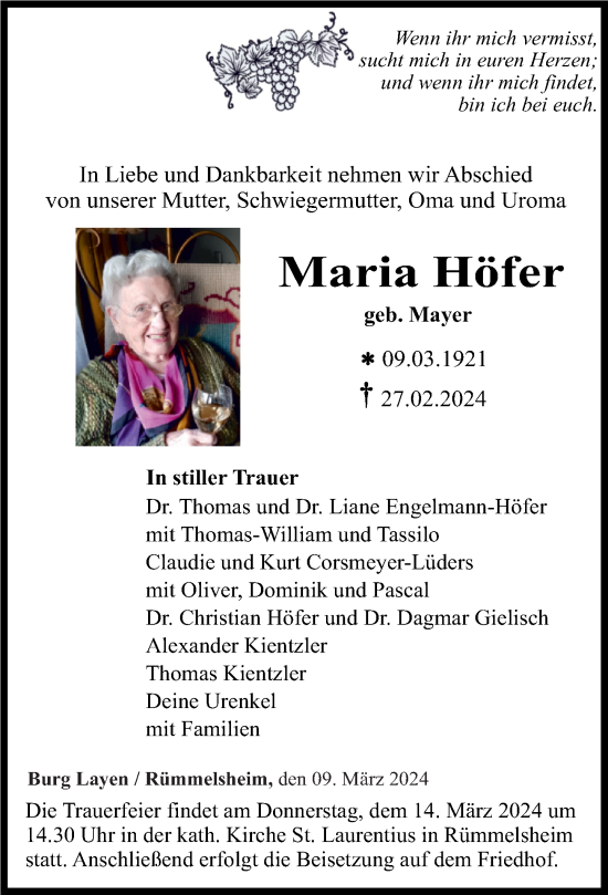 Traueranzeige von Maria Höfer von Oeffentlicher Anzeiger