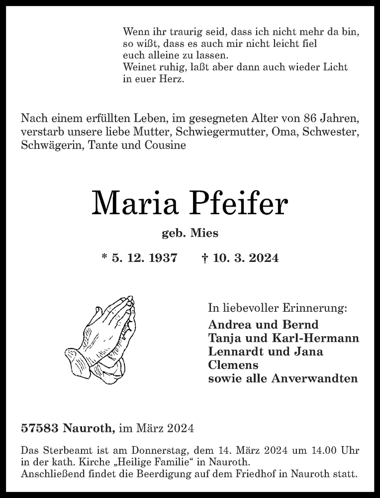 Traueranzeige für Maria Pfeifer vom 12.03.2024 aus Westerwälder Zeitung, Rhein-Zeitung
