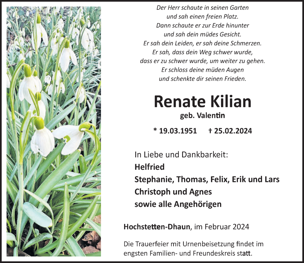 Traueranzeigen Von Renate Kilian Rz Trauer De