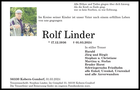 Traueranzeige von Rolf Linder von Rhein-Zeitung