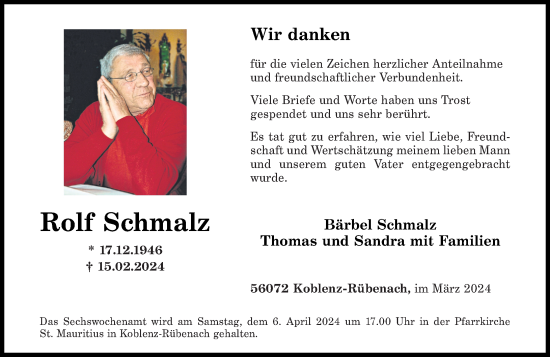 Traueranzeige von Rolf Schmalz von Rhein-Zeitung