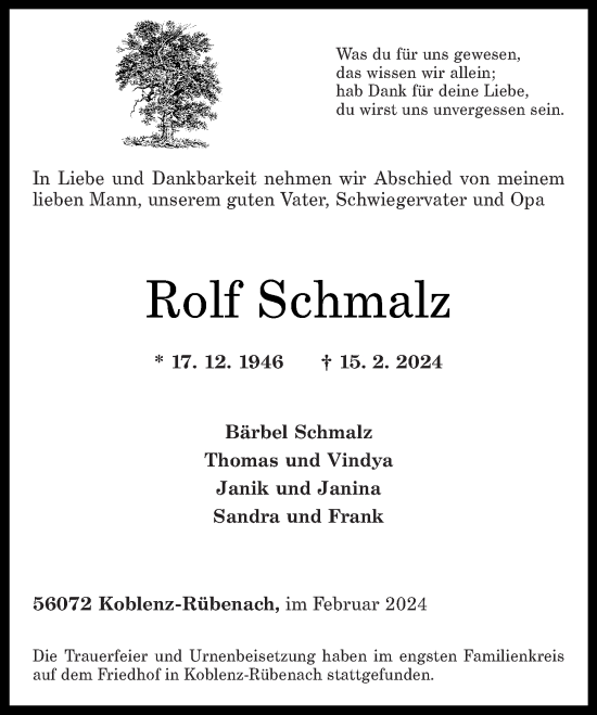 Traueranzeige von Rolf Schmalz von Rhein-Zeitung