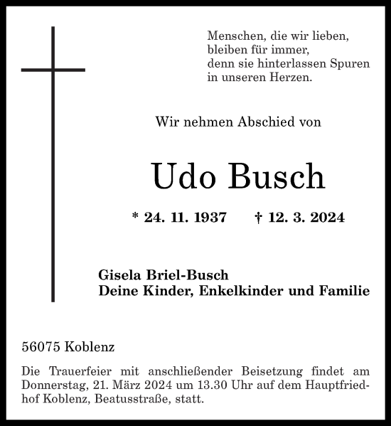 Traueranzeige von Udo Busch von Rhein-Zeitung
