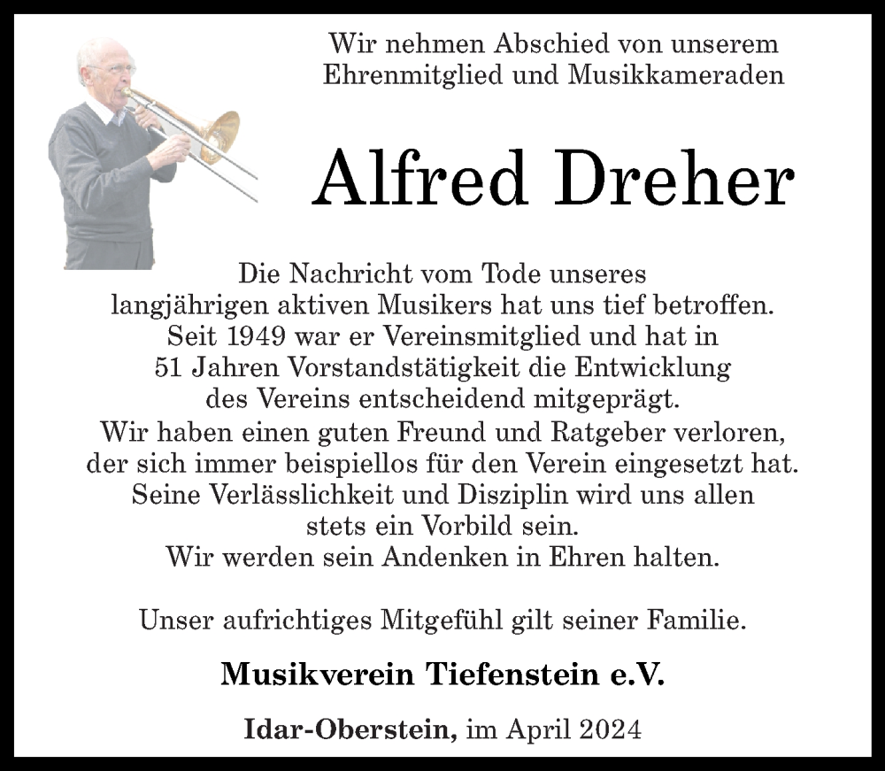  Traueranzeige für Alfred Dreher vom 05.04.2024 aus Nahe-Zeitung