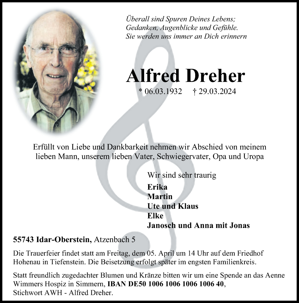  Traueranzeige für Alfred Dreher vom 03.04.2024 aus Nahe-Zeitung