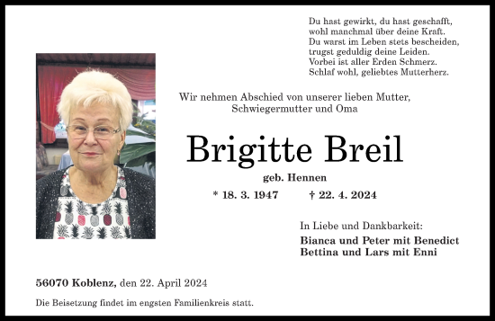 Traueranzeige von Brigitte Breil von Rhein-Zeitung