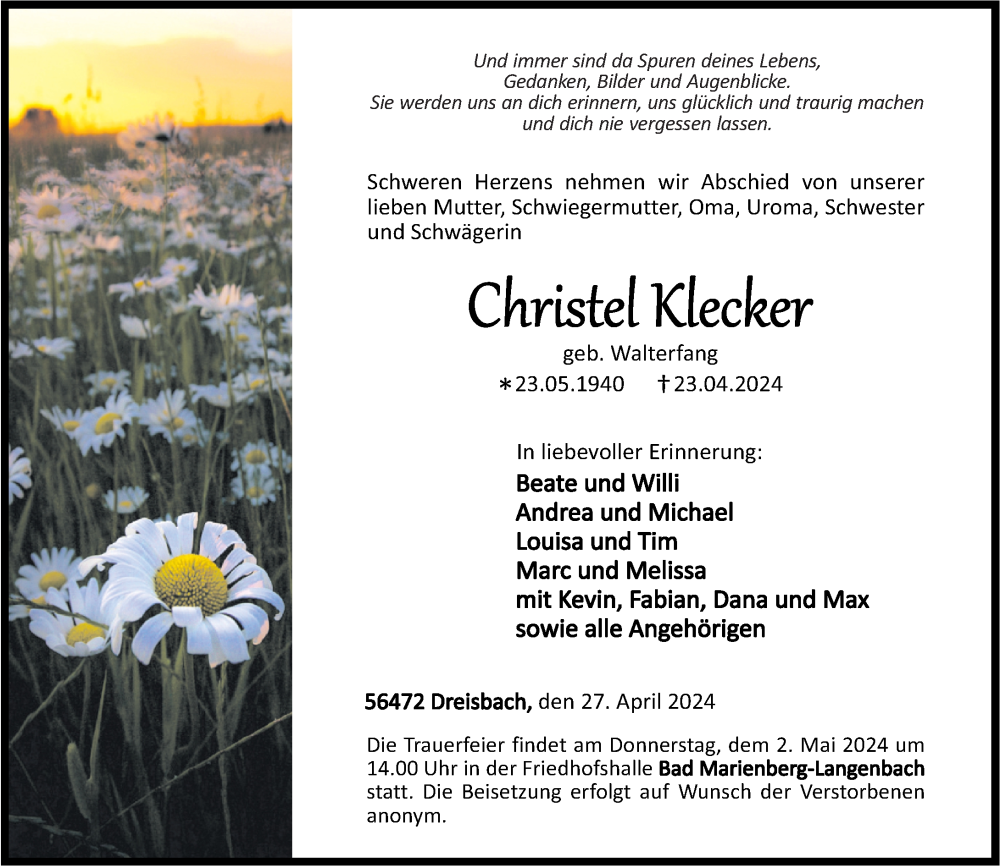  Traueranzeige für Christel Klecker vom 27.04.2024 aus Westerwälder Zeitung
